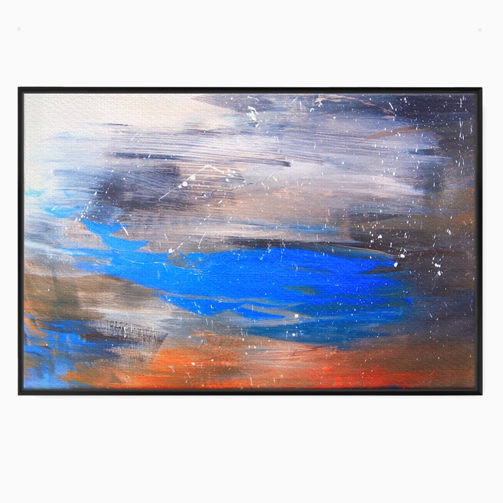 Tablou canvas cu pictura abstracta cu pete albastre, in rama de aluminiu negru